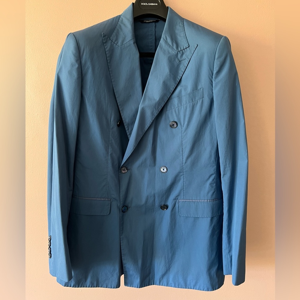 Dolce and Gabbana cotton light blue double breasted suit size 48 IT